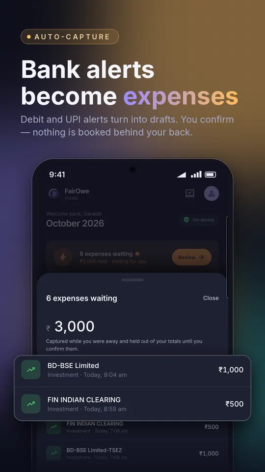 Expenses drafted from bank alerts, waiting for review