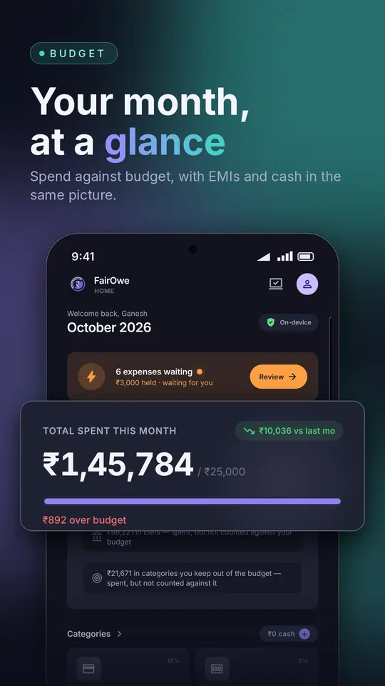 Home screen with the month's spend against budget